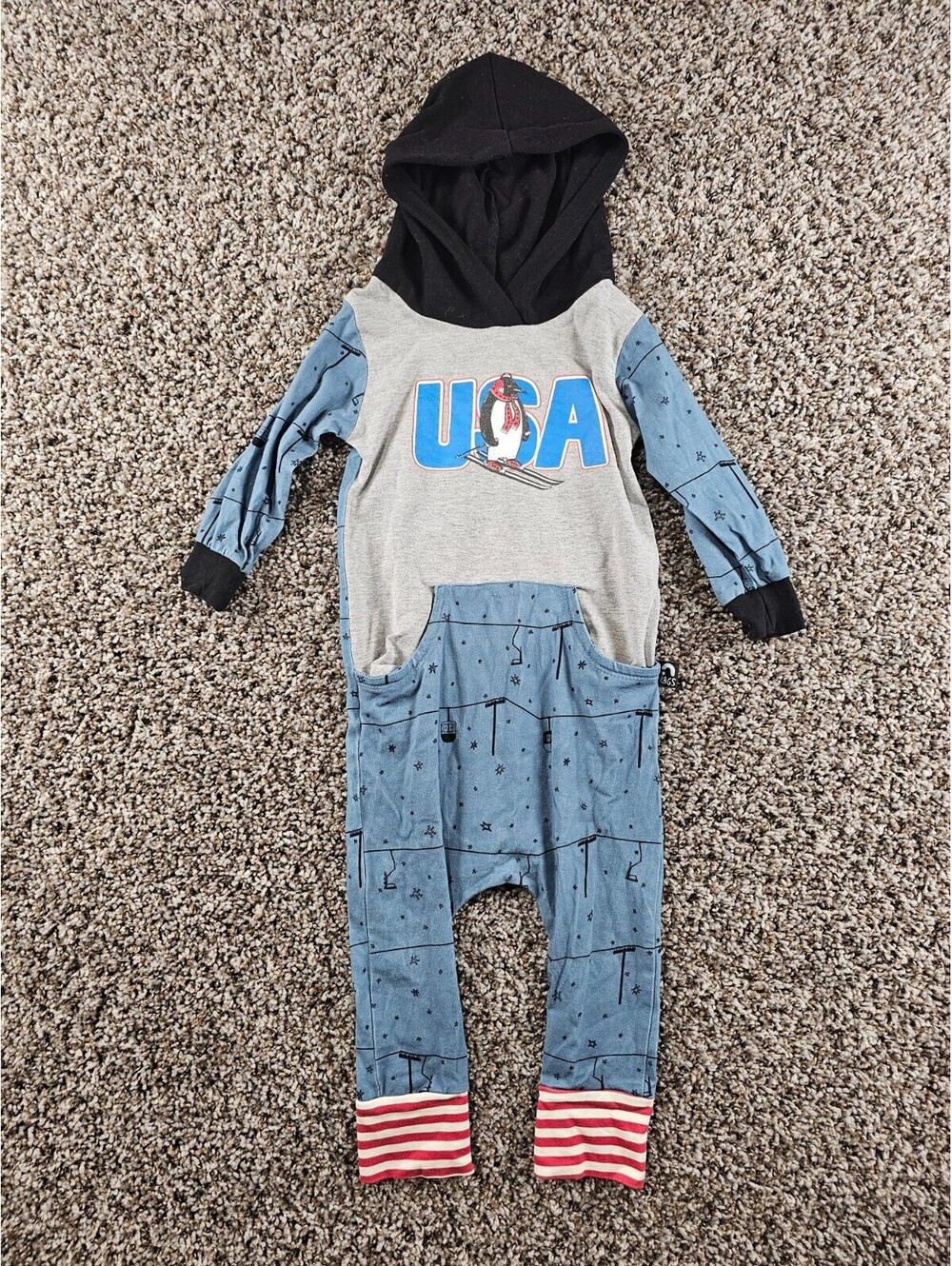 RAGS to Raches hooded romper jumpsuit Baby Boys Sz 18-24M Penguin Skiing Lift